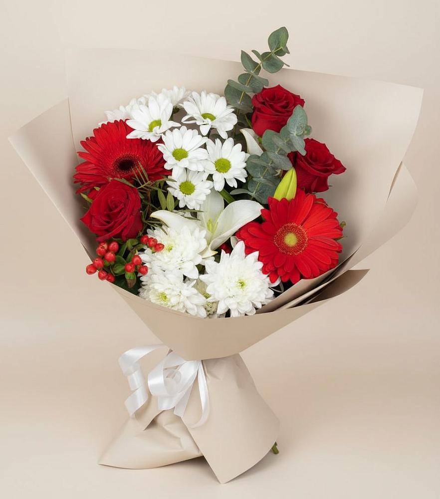 Букет цветов из: Розы, Хризантемы, Герберы и Лилии в Горноправдинск