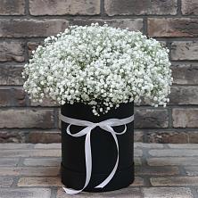 Цветочная композиция из Гипсофила в шляпной коробке в Горноправдинск